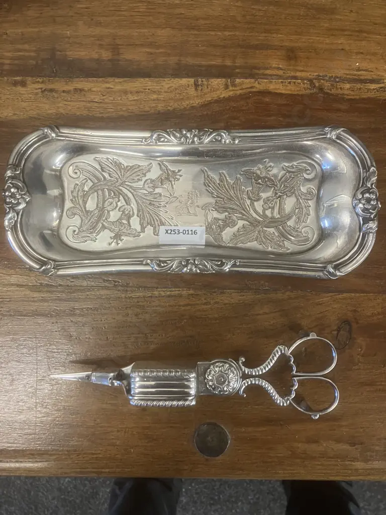 Silver Plate Candle Snuffers With Ornate Tray Image 1++