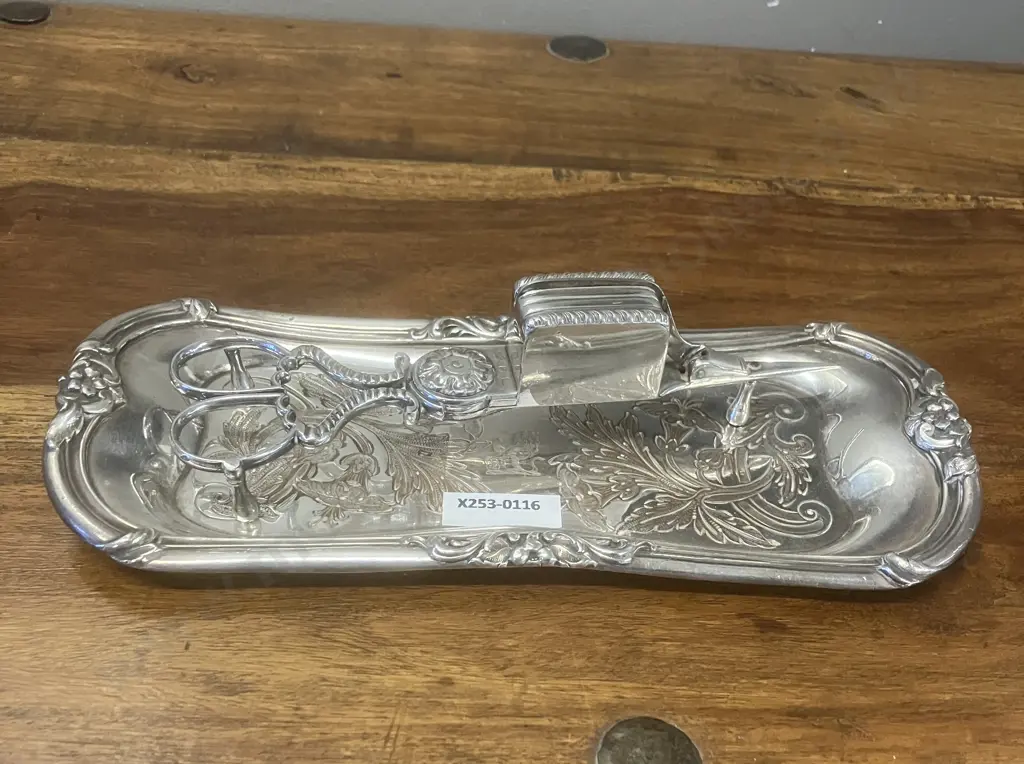 Silver Plate Candle Snuffers With Ornate Tray Image 1++