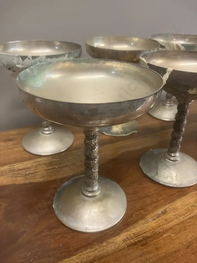 1950s Vintage Valero Spain E.P.B. Champagne Coupes x 6 & Wine Goblets x 4 – Twisted Grapevine Stem Goblets Image 1++