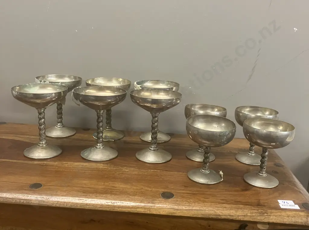 1950s Vintage Valero Spain E.P.B. Champagne Coupes x 6 & Wine Goblets x 4 – Twisted Grapevine Stem Goblets Image 1++
