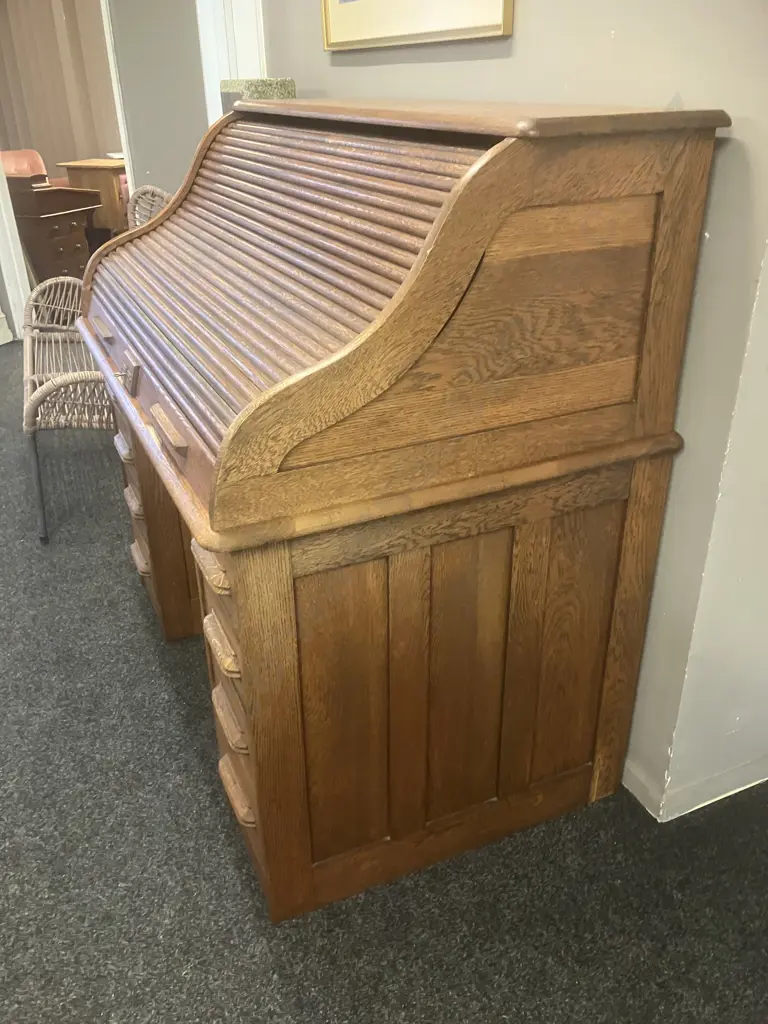 Antique Solid Oak Roll Top Desk With Key. H122 W127 D77cm Image 1++