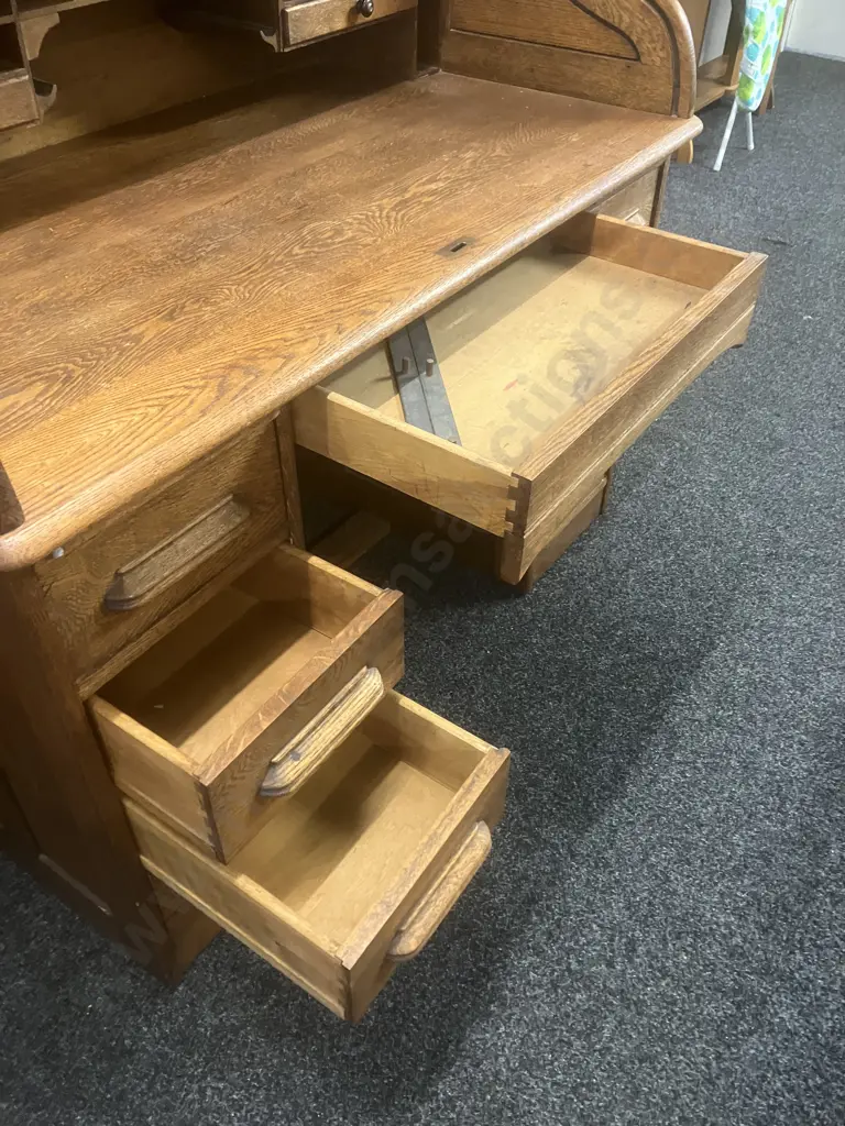 Antique Solid Oak Roll Top Desk With Key. H122 W127 D77cm Image 1++