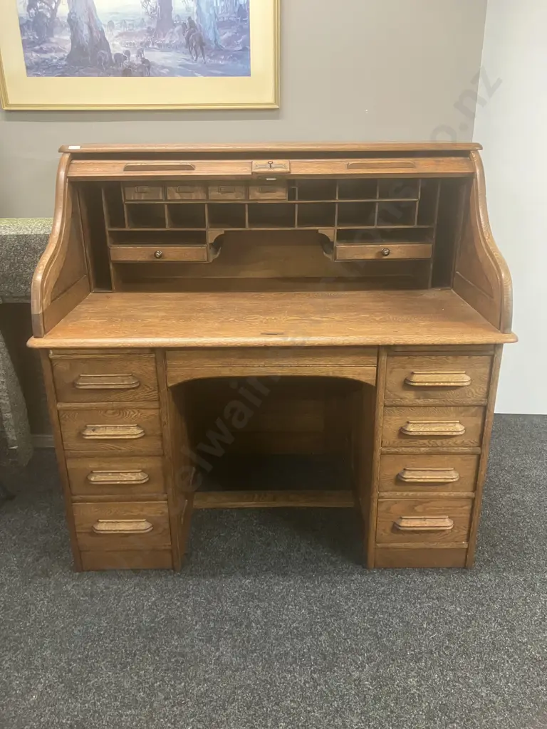 Antique Solid Oak Roll Top Desk With Key. H122 W127 D77cm Image 1++