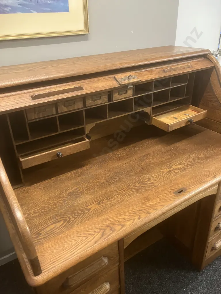 Antique Solid Oak Roll Top Desk With Key. H122 W127 D77cm Image 1++