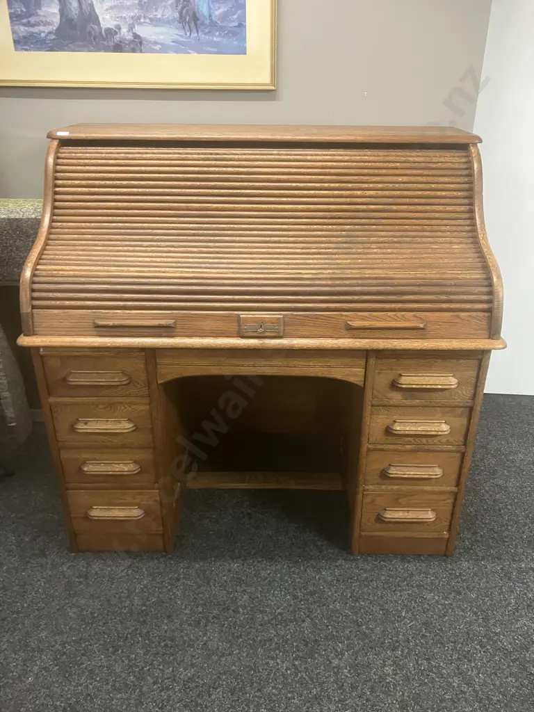 Antique Solid Oak Roll Top Desk With Key. H122 W127 D77cm Image 1++