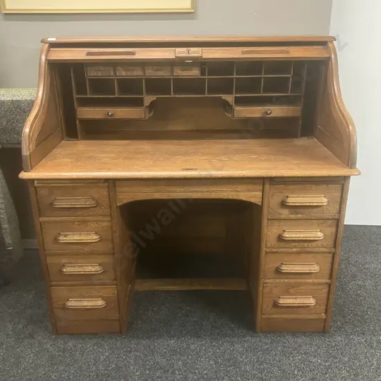 Antique Solid Oak Roll Top Desk With Key. H122 W127 D77cm