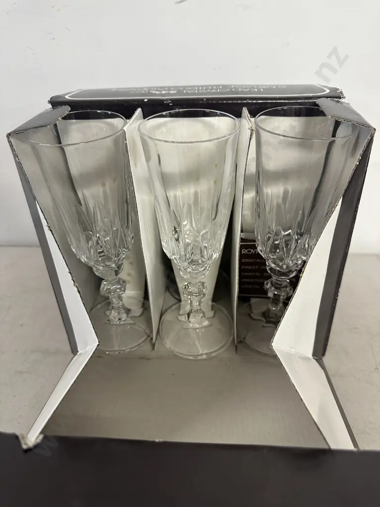 Set Of Six Royal Crystal Rock Mirage Champagne Flutes Boxed Image 1++
