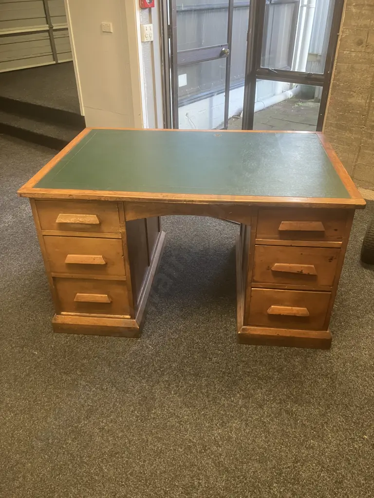 Antique Rimu Partners Desk With Green Leather Writing Top (Leather Damaged) Image 1++