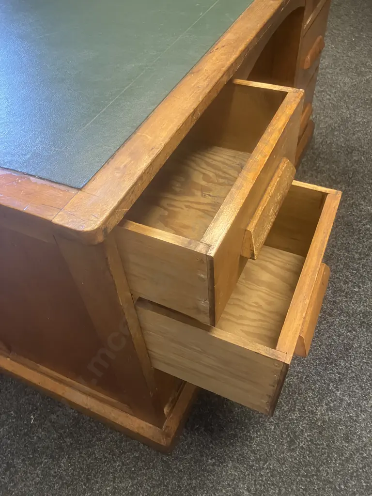 Antique Rimu Partners Desk With Green Leather Writing Top (Leather Damaged) Image 1++