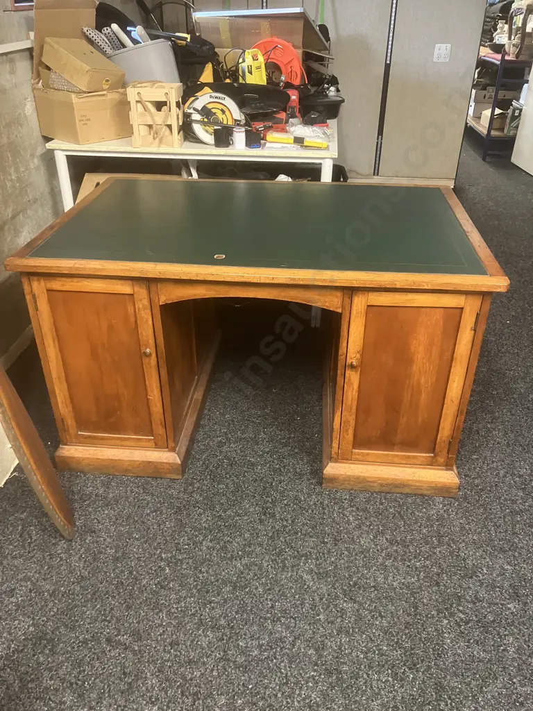 Antique Rimu Partners Desk With Green Leather Writing Top (Leather Damaged) Image 1++