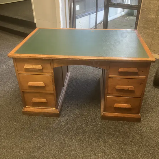 Antique Rimu Partners Desk With Green Leather Writing Top (Leather Damaged)