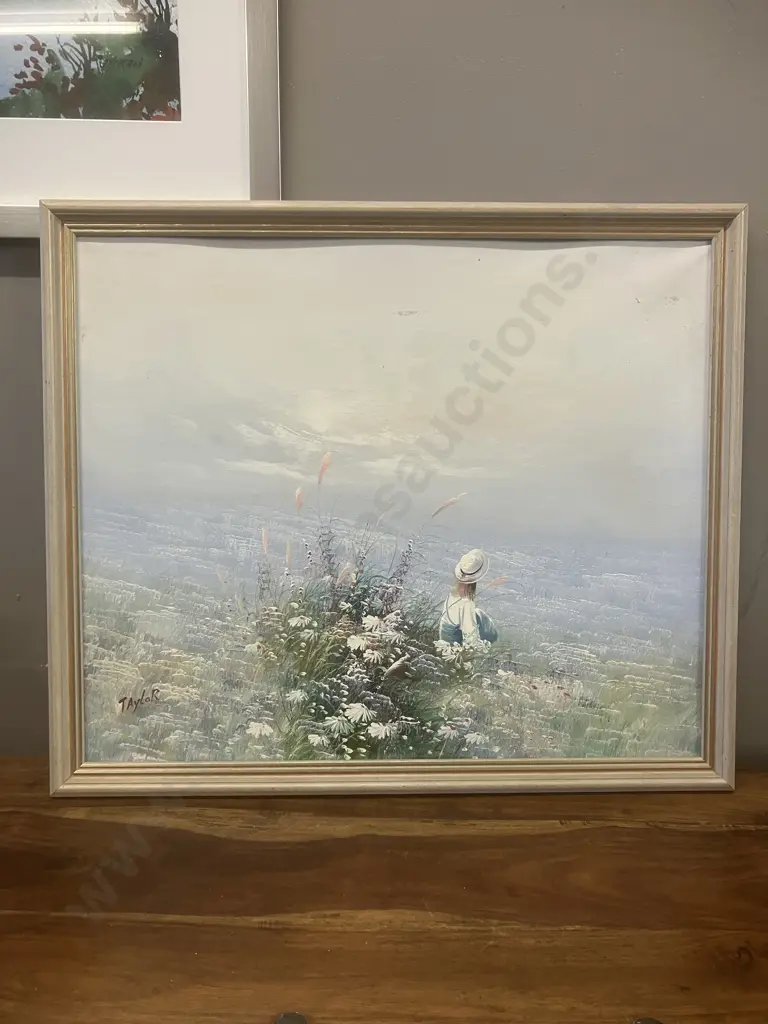 Woman & Beach With Flowers Framed Original Art Signed Taylor. 56 x 66cm Image 1++