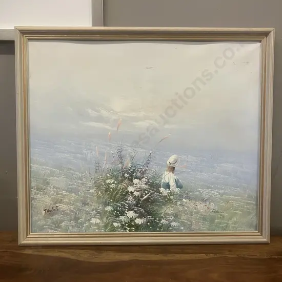 Woman & Beach With Flowers Framed Original Art Signed Taylor. 56 x 66cm