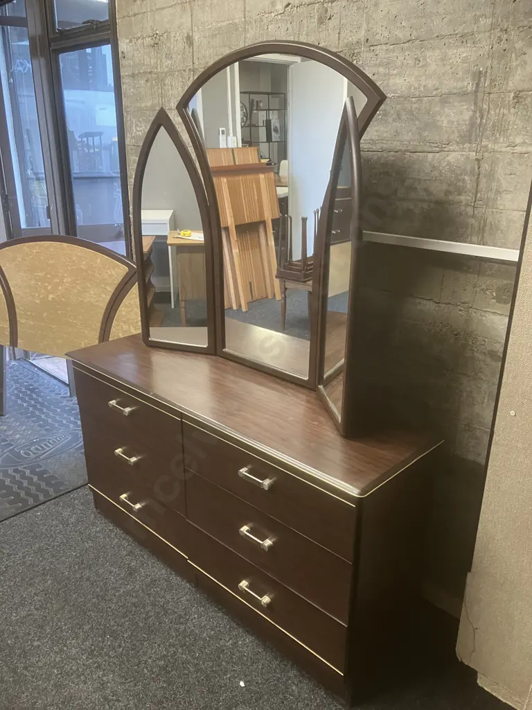 Vintage 'Contessa' 5 Piece Bedroom Set, Arched Headboard With Velour Panels, Arched Tri-Mirrored Dressing Table Etc Image 1++