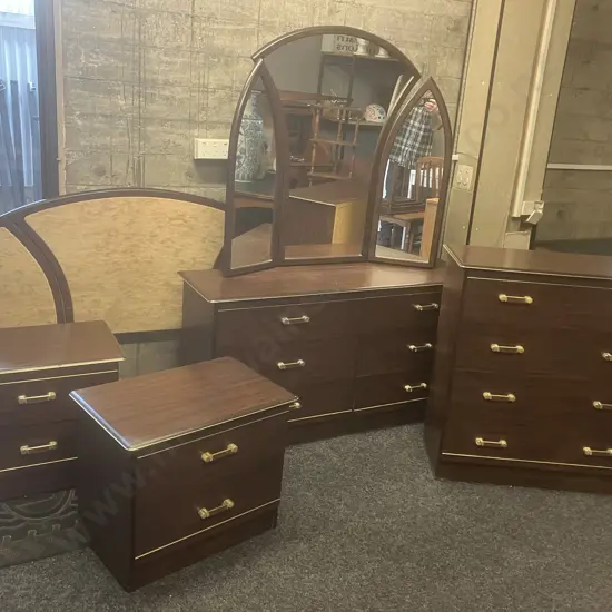 Vintage 'Contessa' 5 Piece Bedroom Set, Arched Headboard With Velour Panels, Arched Tri-Mirrored Dressing Table Etc