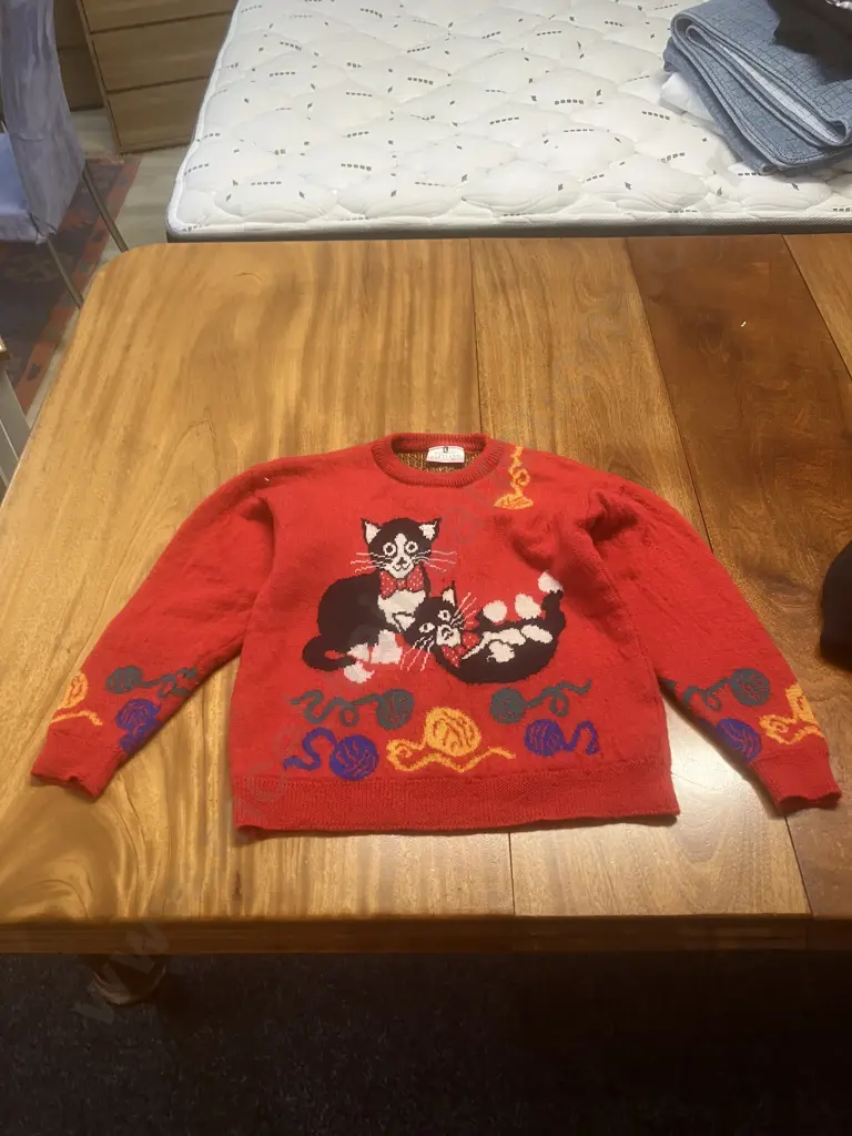 Lakeland Pure New Wool Jersey With Cat & Yarn Pattern - NZ Size M Image 1++