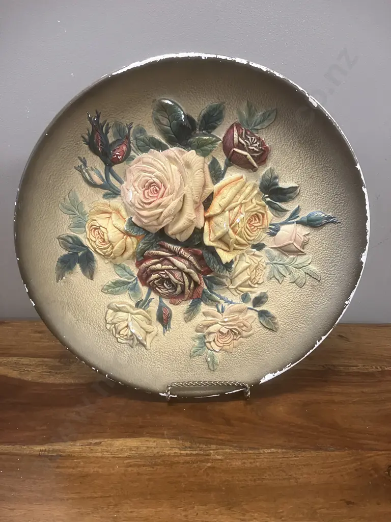 Pair of WH Bossons Chalkware "Roses" Hand Painted Vintage Floral 36cm Plates Image 1++