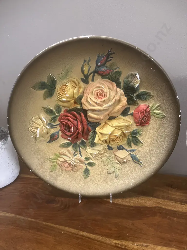 Pair of WH Bossons Chalkware "Roses" Hand Painted Vintage Floral 36cm Plates Image 1++