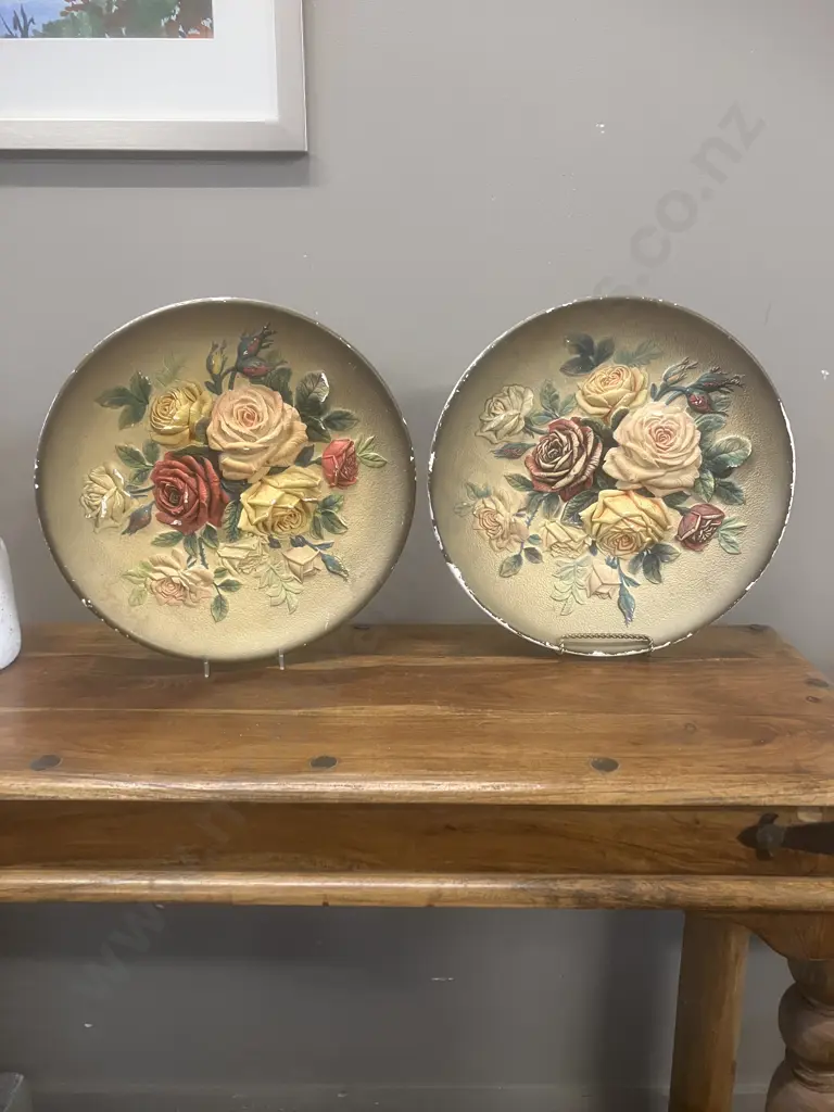 Pair of WH Bossons Chalkware "Roses" Hand Painted Vintage Floral 36cm Plates Image 1++