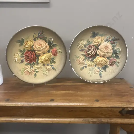 Pair of WH Bossons Chalkware "Roses" Hand Painted Vintage Floral 36cm Plates