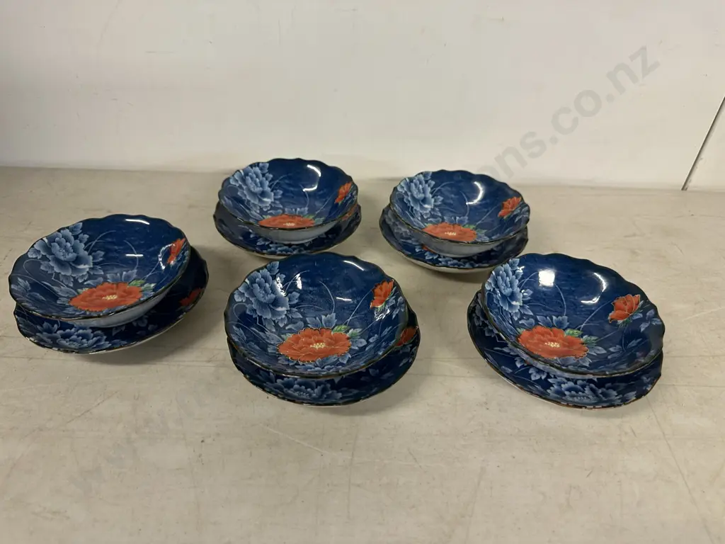 Vintage Japanese Arita Juzan Gama Namsu Porcelain Red/White/Blue Peony Dishes Image 1++