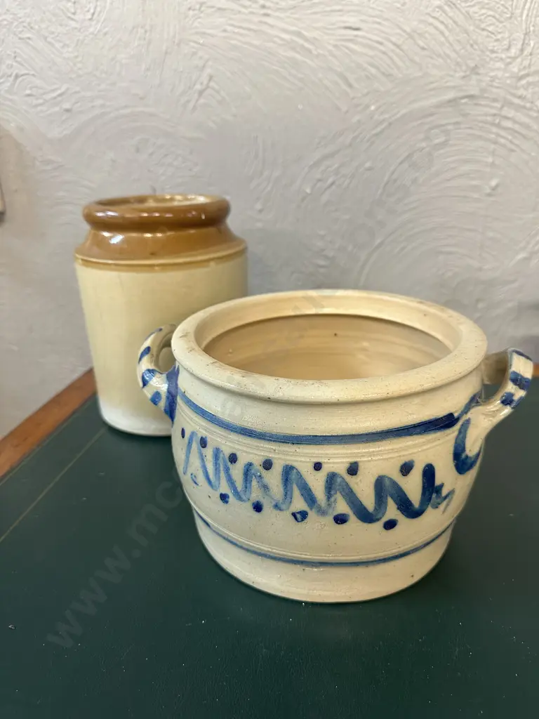Two Toned Vintage Stoneware Pot & Two Handled Pottery Bowl (as found) Image 1++