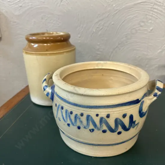 Two Toned Vintage Stoneware Pot & Two Handled Pottery Bowl (as found)
