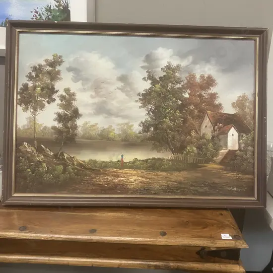 Woman By lake Oil On Board Framed Original Art Signed Paterson. 68 x 97cm