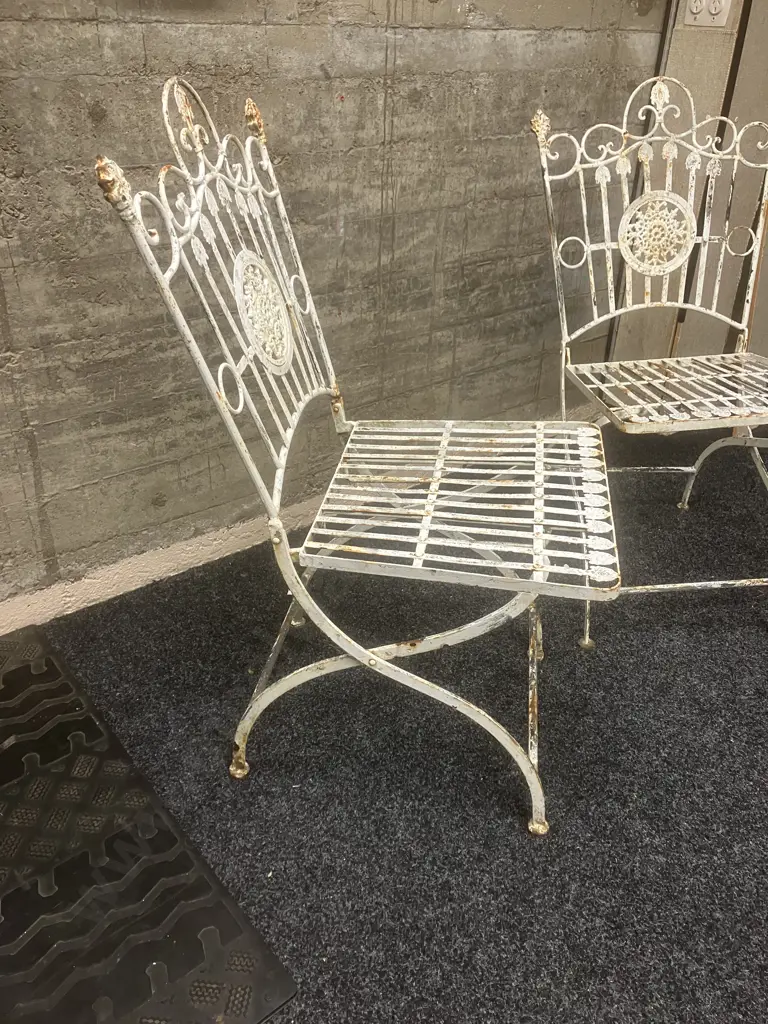 Vintage Wrought Iron Ornate Folding Garden Chairs - Pair of (One Needs Repair to Leg) Image 1++