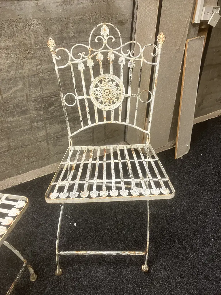 Vintage Wrought Iron Ornate Folding Garden Chairs - Pair of (One Needs Repair to Leg) Image 1++