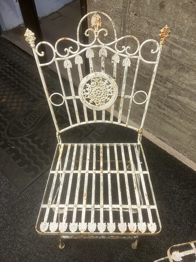 Vintage Wrought Iron Ornate Folding Garden Chairs - Pair of (One Needs Repair to Leg) Image 1++