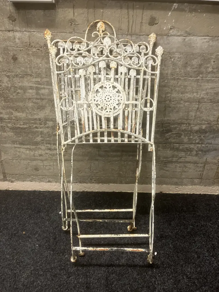Vintage Wrought Iron Ornate Folding Garden Chairs - Pair of (One Needs Repair to Leg) Image 1++