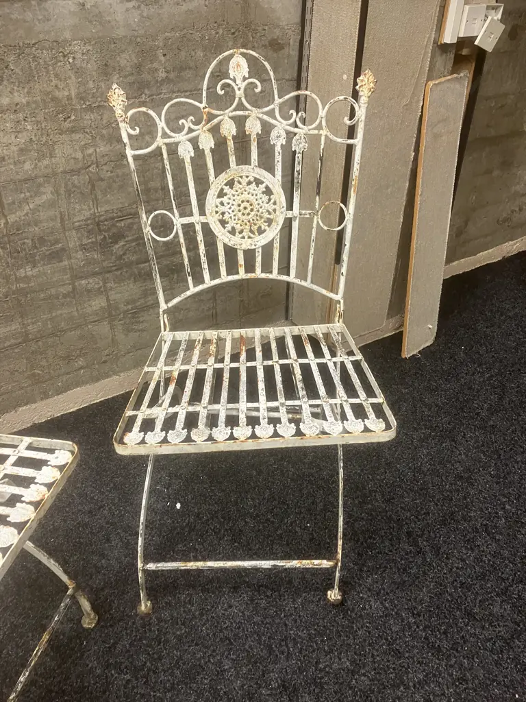 Vintage Wrought Iron Ornate Folding Garden Chairs - Pair of (One Needs Repair to Leg) Image 1++