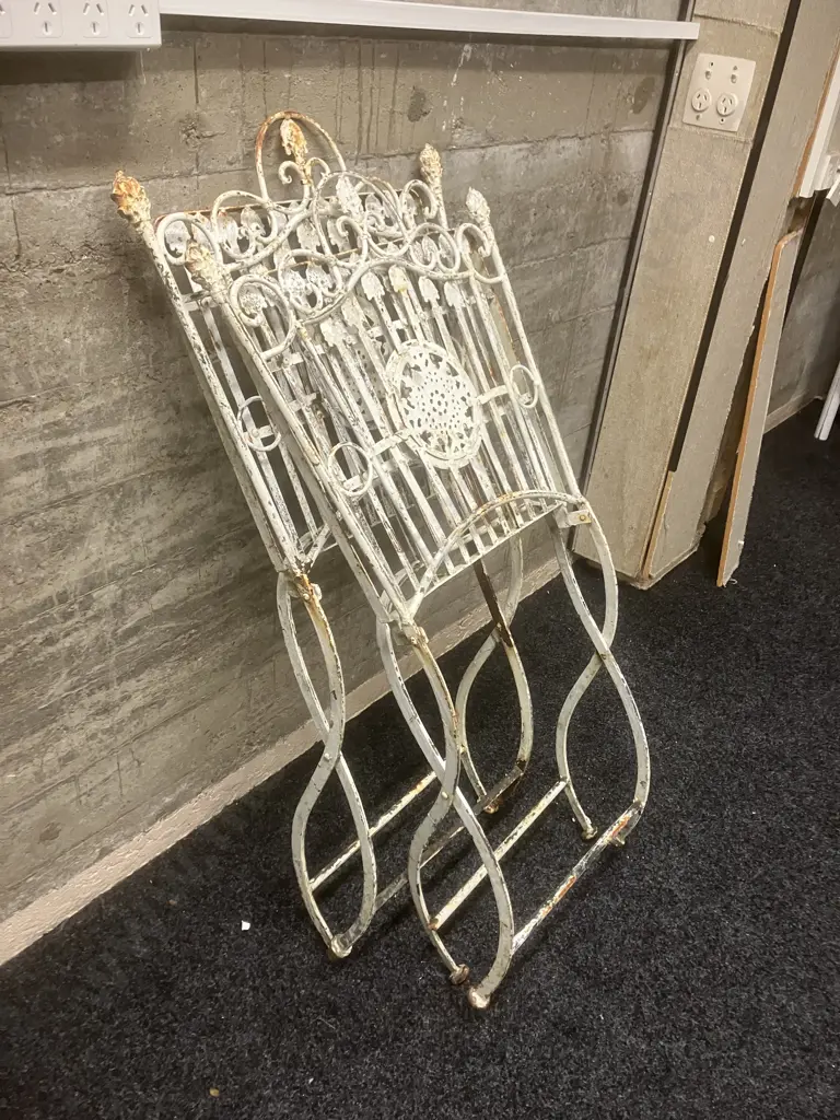 Vintage Wrought Iron Ornate Folding Garden Chairs - Pair of (One Needs Repair to Leg) Image 1++