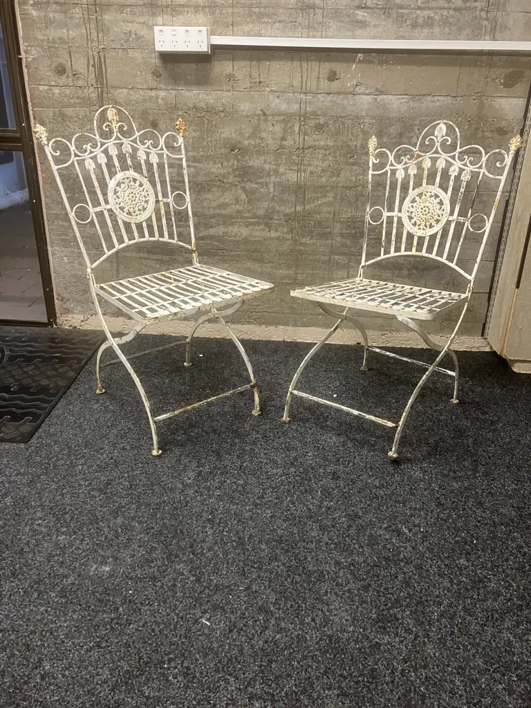 Vintage Wrought Iron Ornate Folding Garden Chairs - Pair of (One Needs Repair to Leg) Image 1++