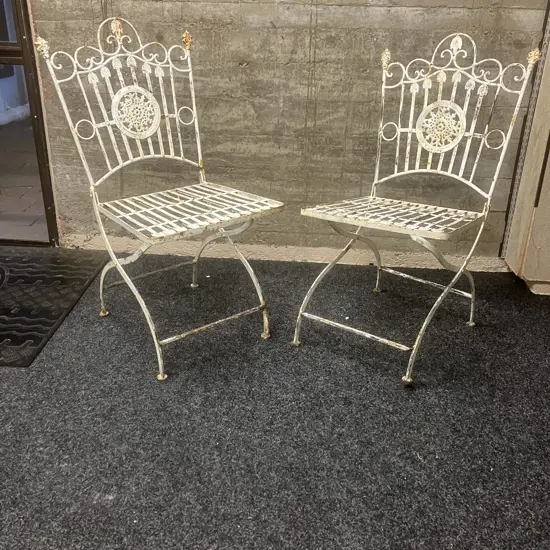 Vintage Wrought Iron Ornate Folding Garden Chairs - Pair of (One Needs Repair to Leg)