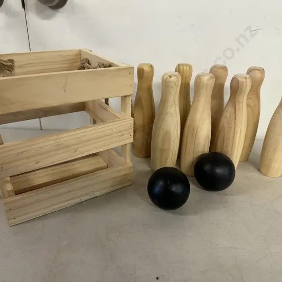 Wooden Skittle Set With Wooden Rope Handled Crate 