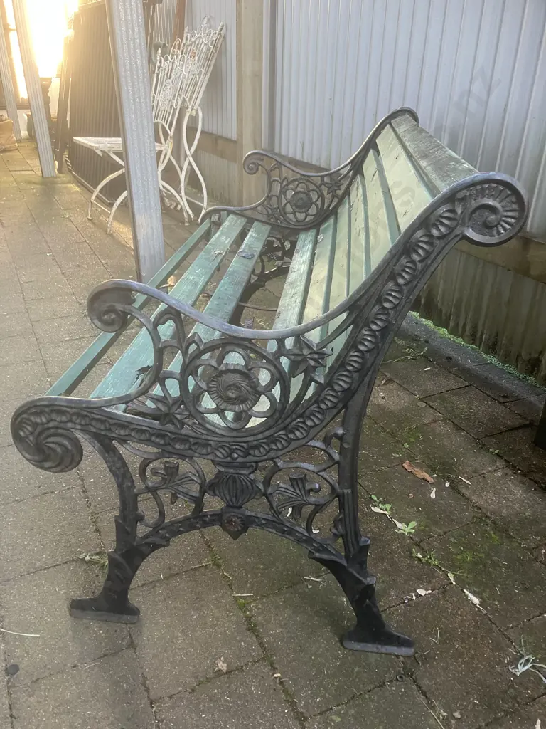 Black Steel Garden Bench With Green Painted Wooden Slats (Distressed Condition). L127cm Image 1++