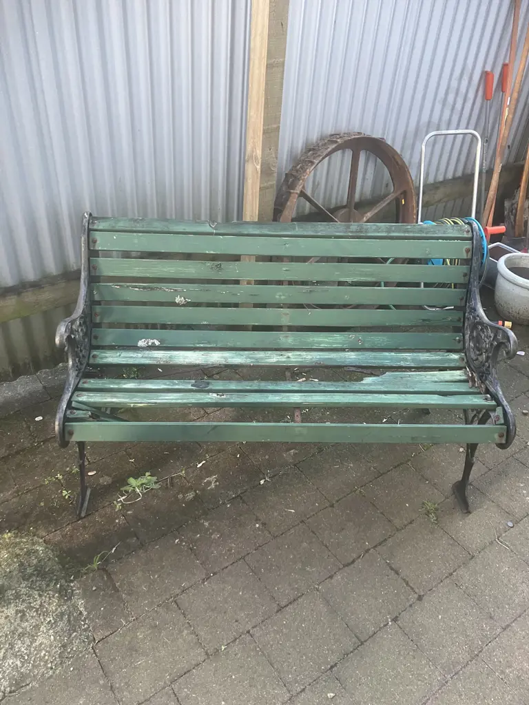 Black Steel Garden Bench With Green Painted Wooden Slats (Distressed Condition). L127cm Image 1++