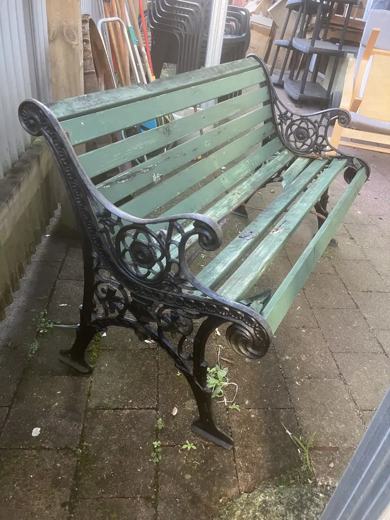 Black Steel Garden Bench With Green Painted Wooden Slats (Distressed Condition). L127cm Image 1++