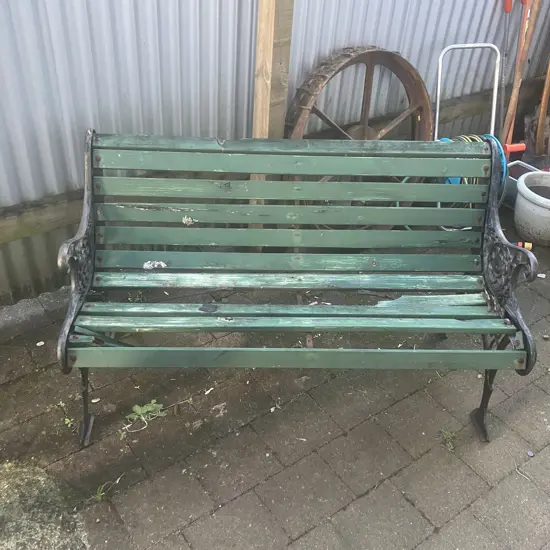 Black Steel Garden Bench With Green Painted Wooden Slats (Distressed Condition). L127cm