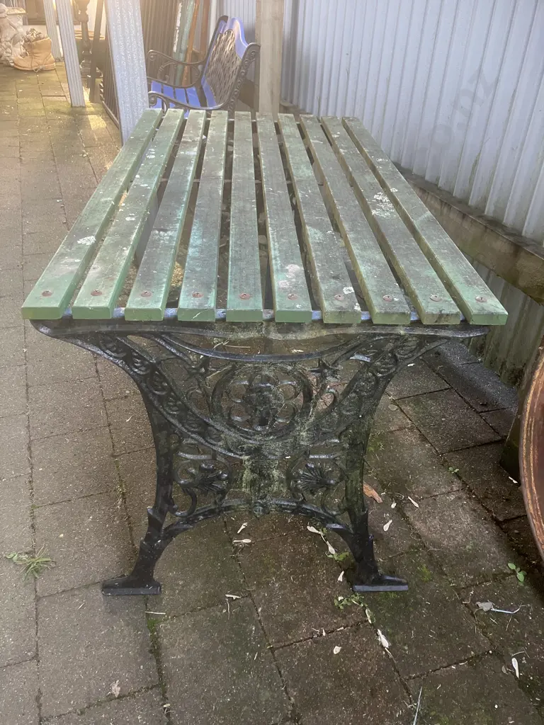 Black Steel Garden Table With Green Painted Wooden Slats. H64 W120 D62cm Image 1++