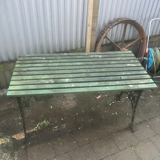 Black Steel Garden Table With Green Painted Wooden Slats. H64 W120 D62cm