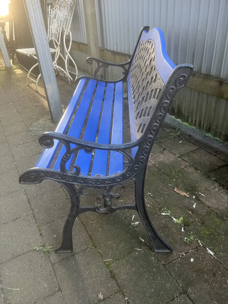 Black Steel Garden Bench With Blue Painted Wooden Slats. L126cm Image 1++