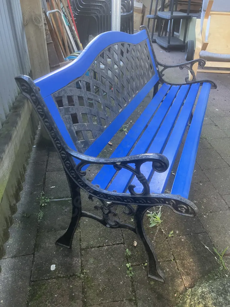 Black Steel Garden Bench With Blue Painted Wooden Slats. L126cm Image 1++