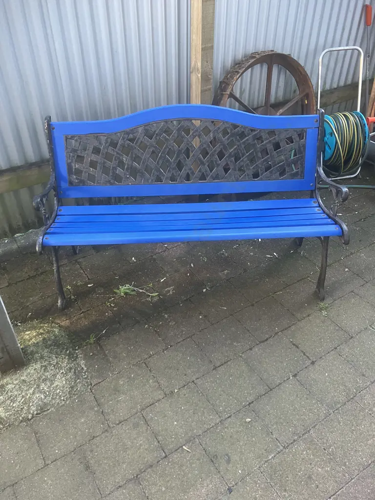 Black Steel Garden Bench With Blue Painted Wooden Slats. L126cm Image 1++