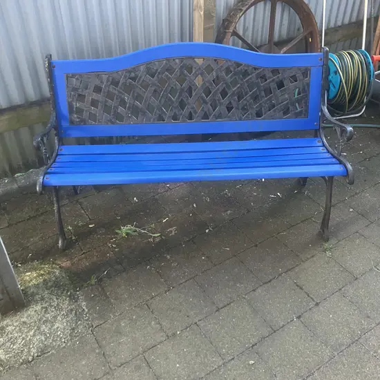 Black Steel Garden Bench With Blue Painted Wooden Slats. L126cm