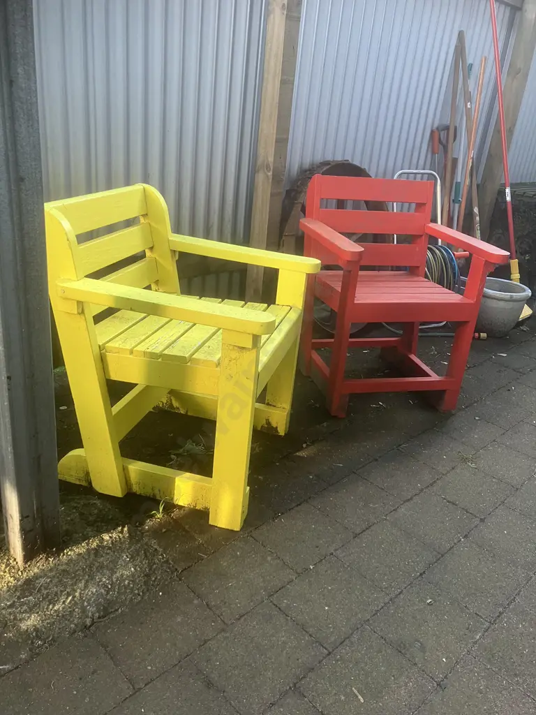 Pair of Wooden Outdoor Chairs - Orange & Yellow. 79 x 65cm Image 1++