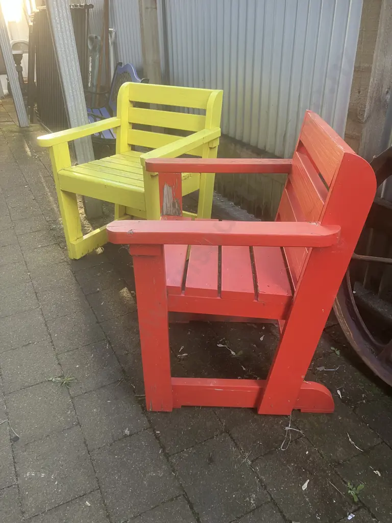 Pair of Wooden Outdoor Chairs - Orange & Yellow. 79 x 65cm Image 1++