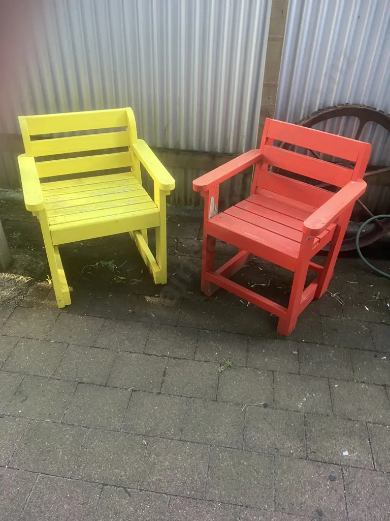 Pair of Wooden Outdoor Chairs - Orange & Yellow. 79 x 65cm Image 1++